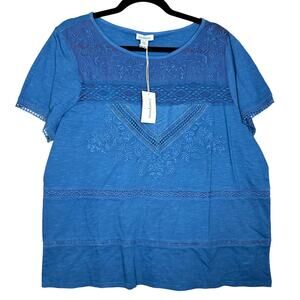 Sundance Catalog Embroidered Lace Short Sleeve Top Blue Size XL NWT